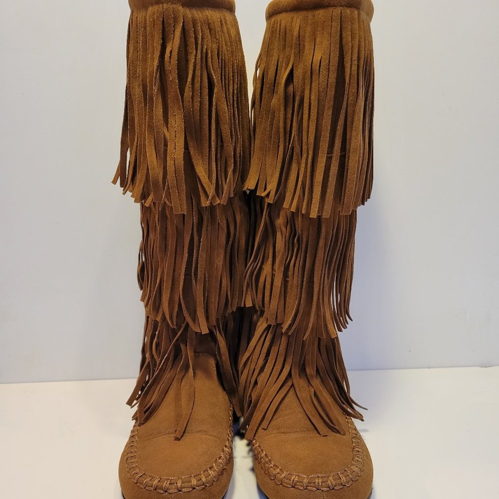 HOTCAKES 3-Layer Moccasin Fringe Boots FAUX suede - SIZE 6 1/2
